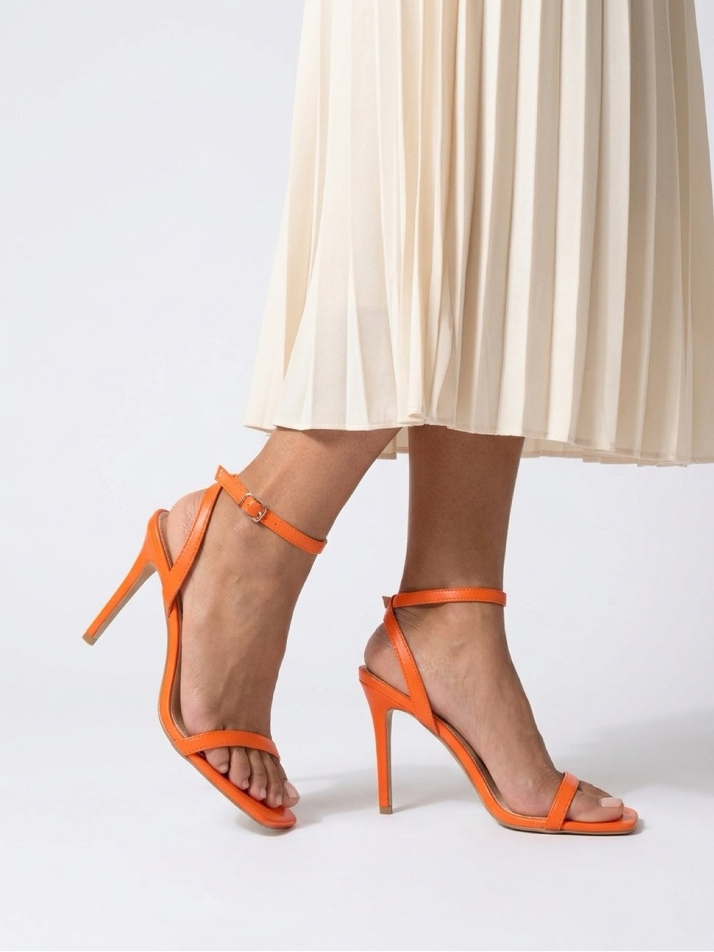 Women's Orange Ankle-Strap Square-Toe Heels